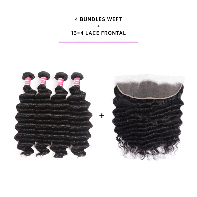 Brazilian Loose Deep Wave With 13x4 Lace Frontal 4pcs Loose Deep Wave Human Hair With Lace Frontal