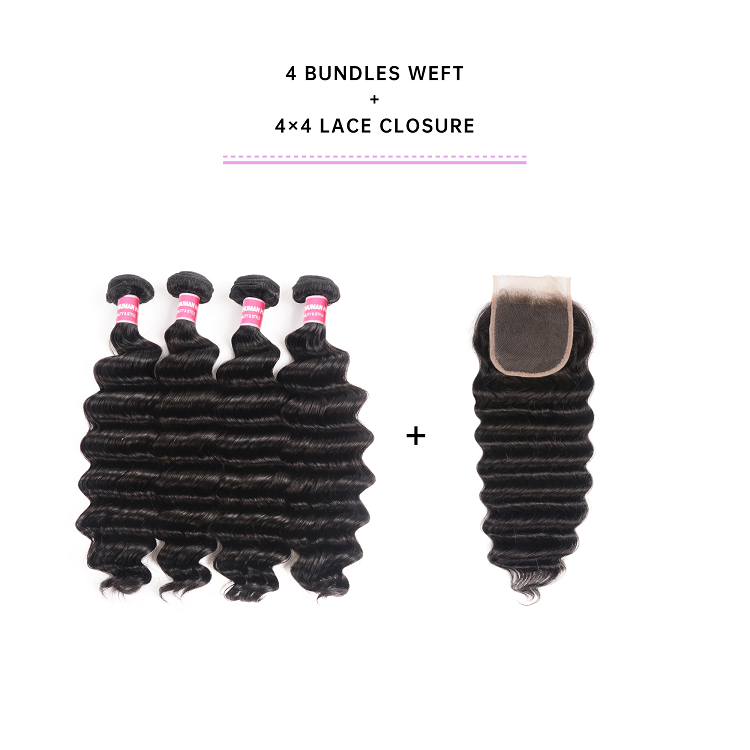 Virgin Hair 3 Bundles With Lace Closure 4x4 Inch Loose Deep Wave Hair Weave With Closure