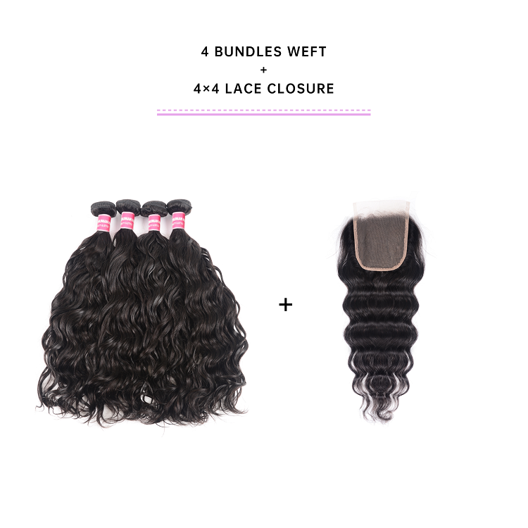 Natural Wave 4pcs With 4x4 Lace Closure 4 Bundles Natural Wave With Lace Closure 4x4 Inch