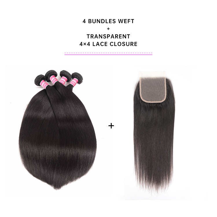4 Bundles Straight Virgin Hair With 4x4 Transparent Lace Closure Straight Virgin Hair 4 Bundles With Closure