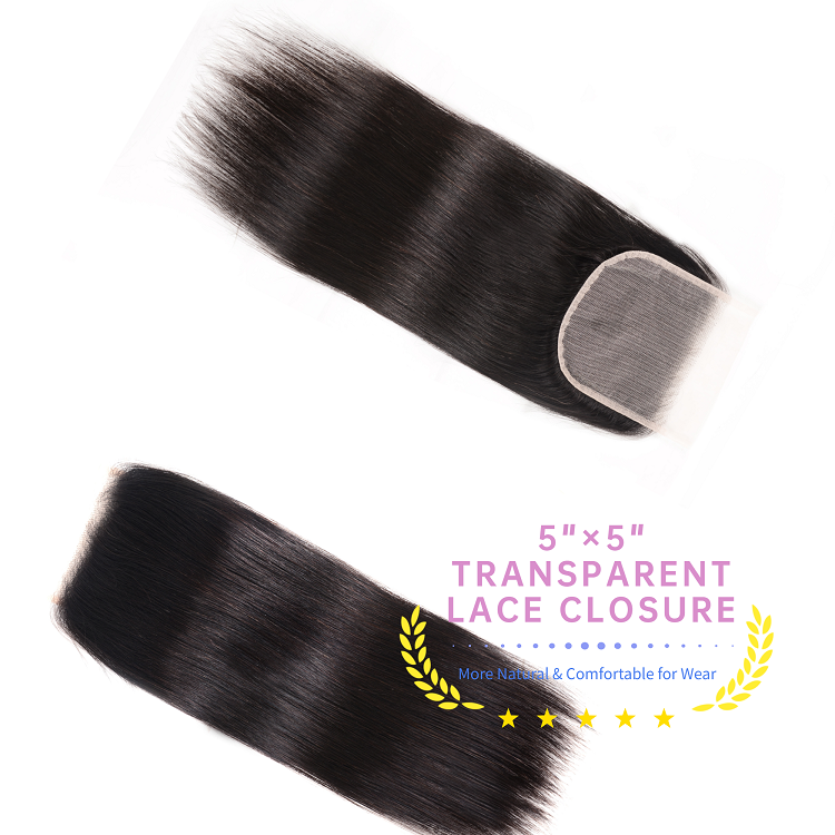 Virgin Hair 3 Bundles With Lace Closure 5x5 Inch Brazilian Straight Hair With 5x5 Transparent Lace Closure