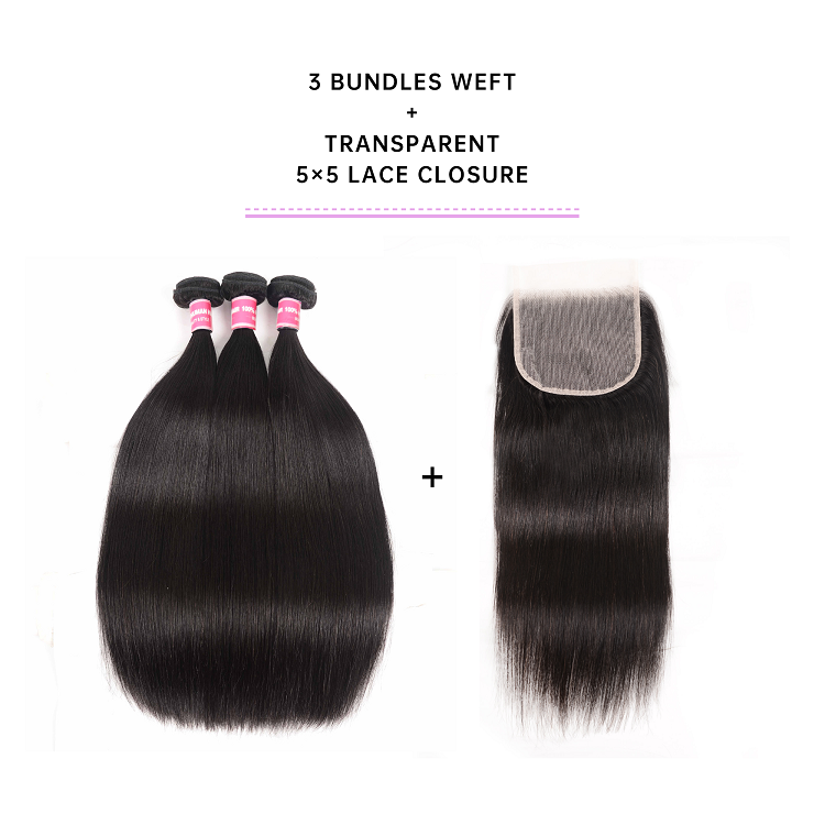 3pcs Straight Virgin Hair With Transparent Lace Closure Straight Human Hair Weave With 5x5 Lace Closure