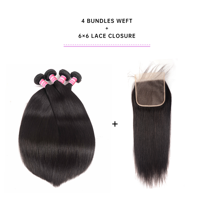 Virgin Hair 4 Bundles With Lace Closure 6x6 Inch Cheap Straight 4 Bundles With Closure