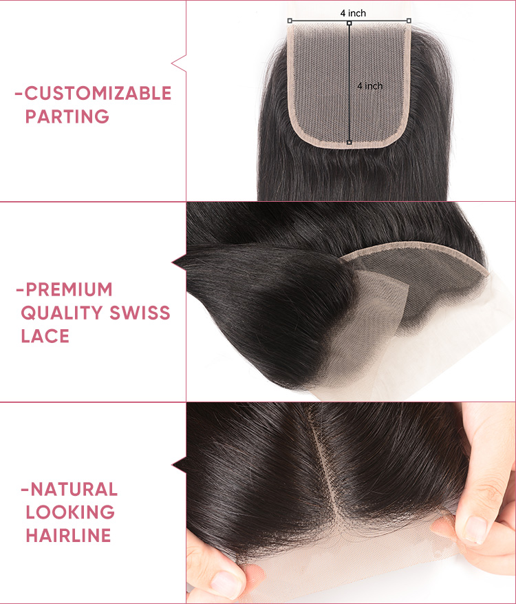 Straight Virgin Hair 4 Bundles With 4x4 Transparent Lace Closure 4 Bundles Straight Virgin Hair With Closure
