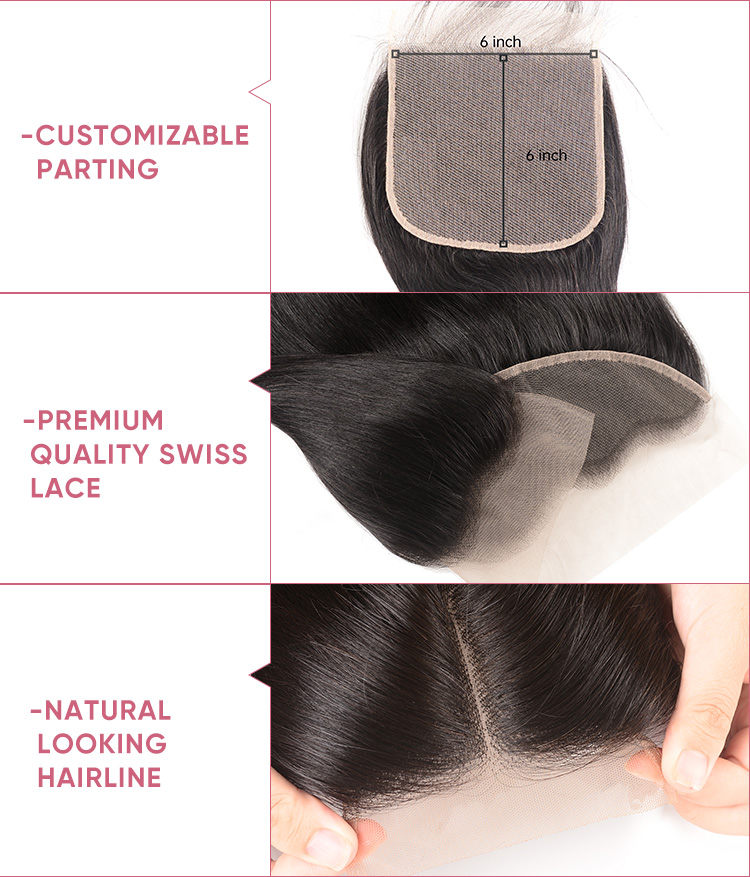 Straight 4pcs With Lace Closure Brazilian Human Hair Bundles With 6x6 Closure