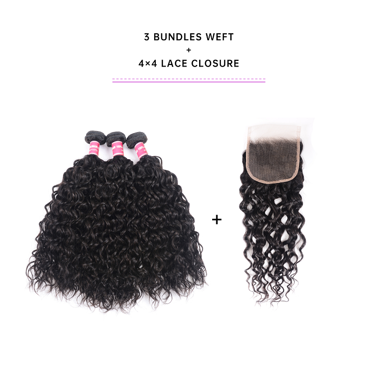 Virgin Hair 3 Bundles With Lace Closure 4x4 Inch Water Wave 3pcs With 4x4 Lace Closure