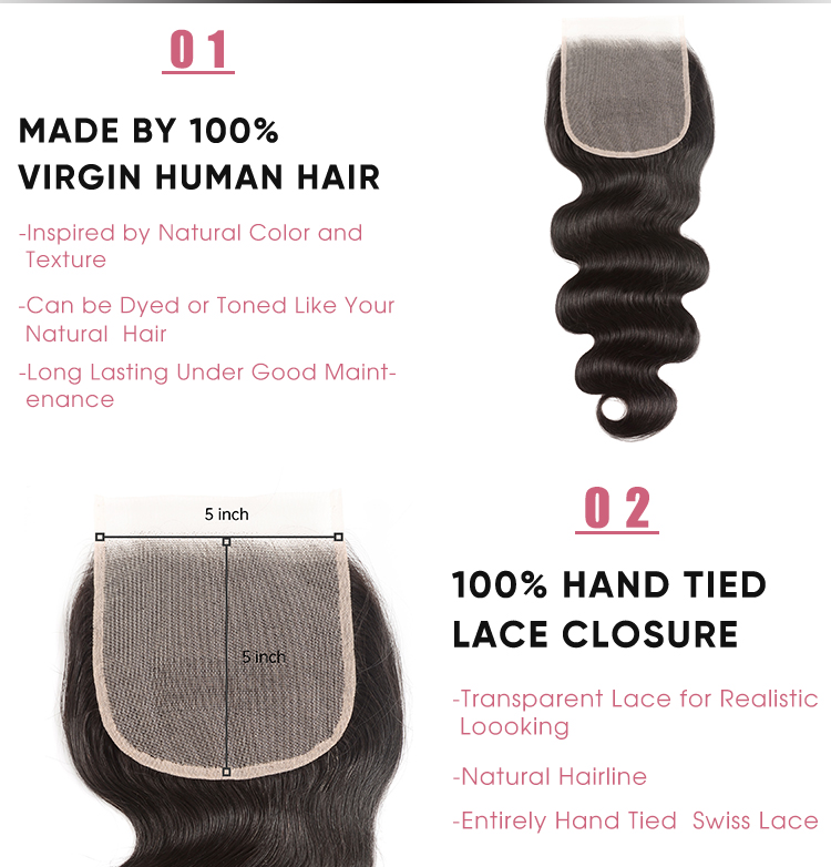 Body Wave Unprocessed Virgin Hair 5x5 Lace Closure Body Wave 5x5 Transparent Lace Frontal Closure